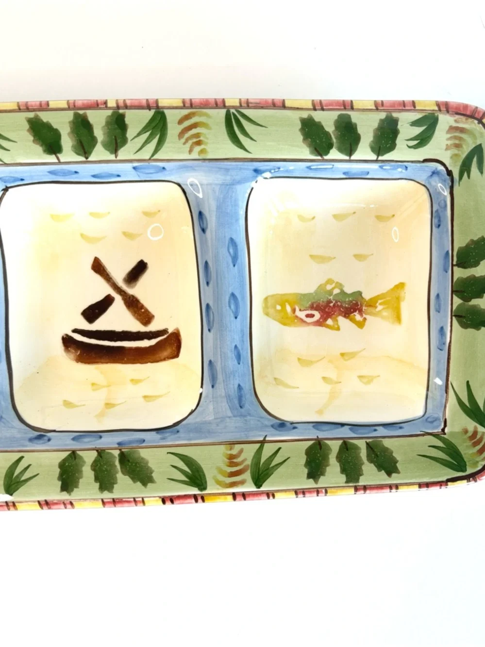 Ceramic Divided Serving Tray Log Cabin Bear Canoe Fish
